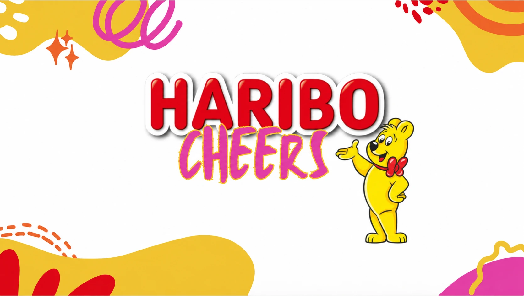 Haribo Cheers: logo e orsetto su sfondo con decorazioni colorate